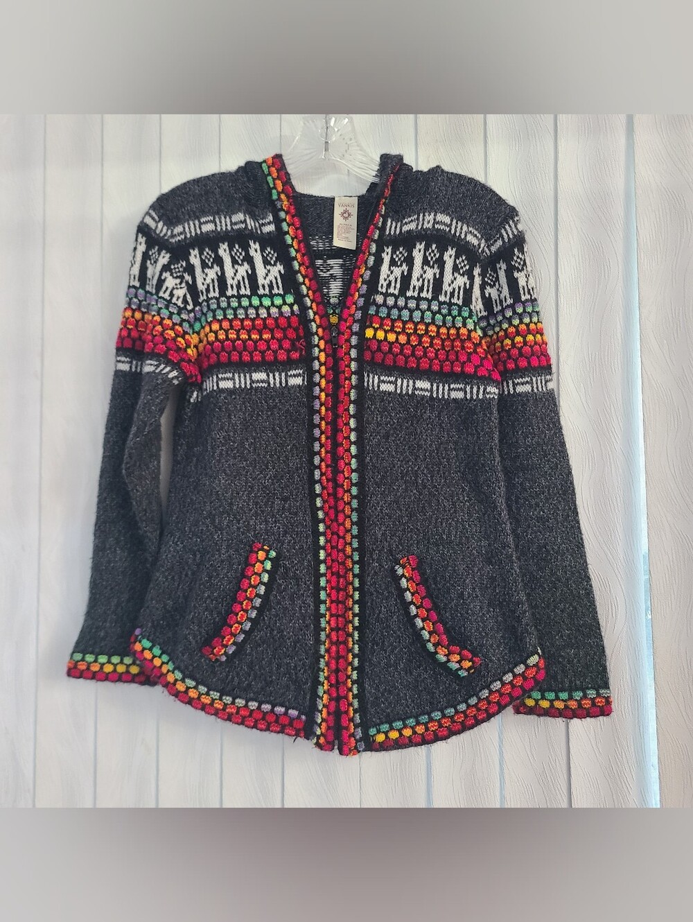 Creaciones Yankis XS-S Gray Multicolor Alpaca Knit Full Zip Hooded Sweater